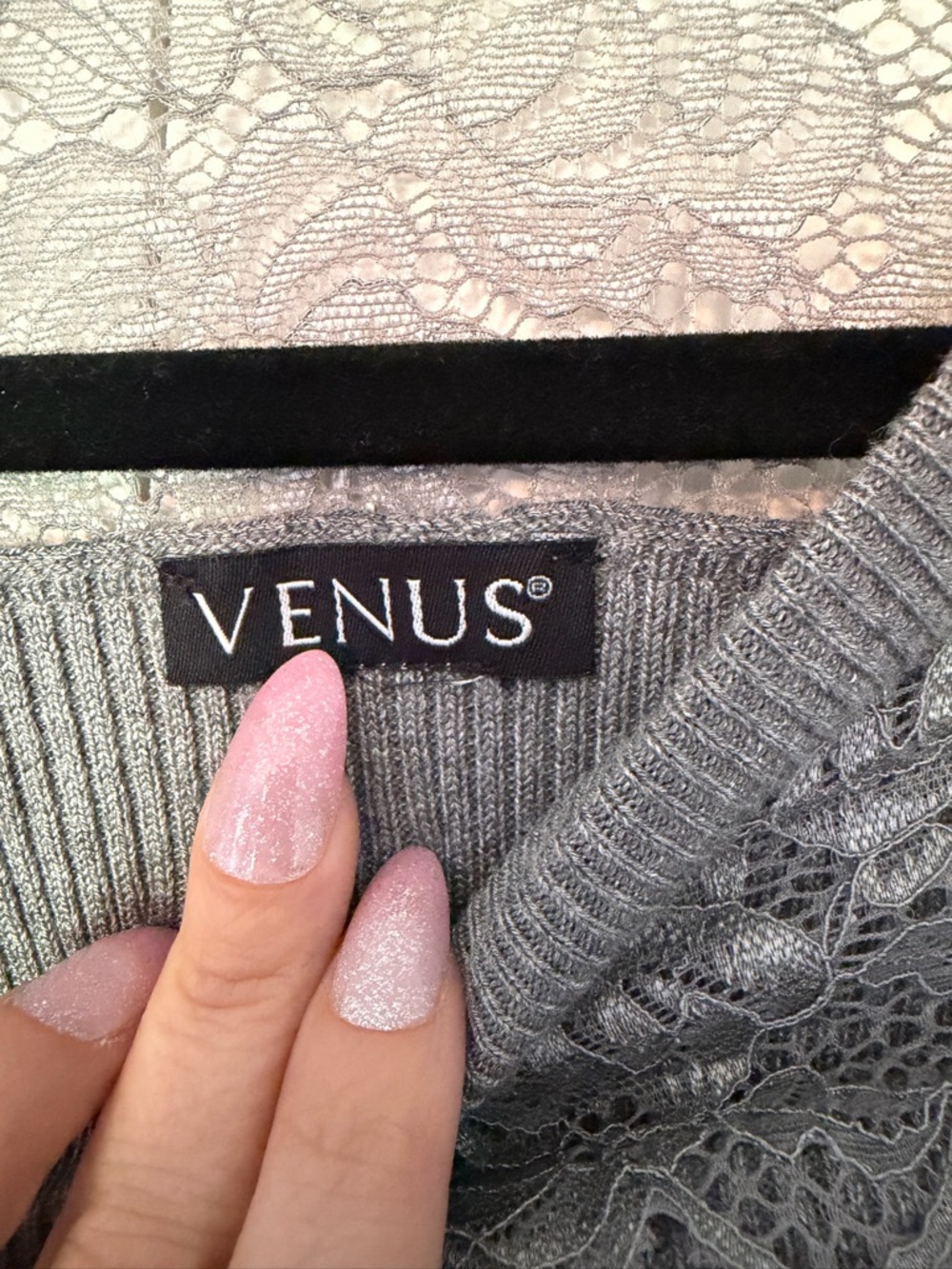 VENUS Gray Long Sleeve Lace Inset Ribbed Top - Picture 3 of 3
